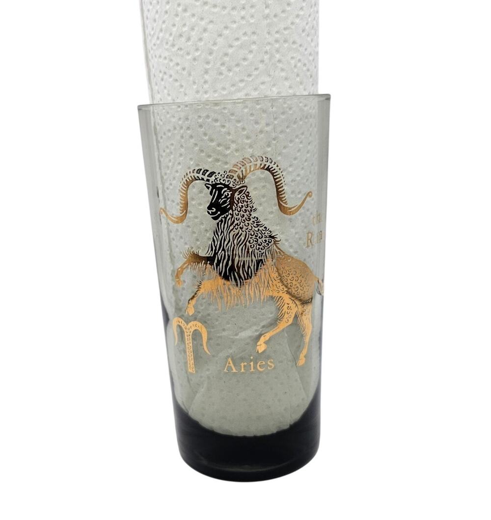 Vintage Federal Glass Aries Zodiac Highball Tumbler Smoked Grey Gold Ram MCM